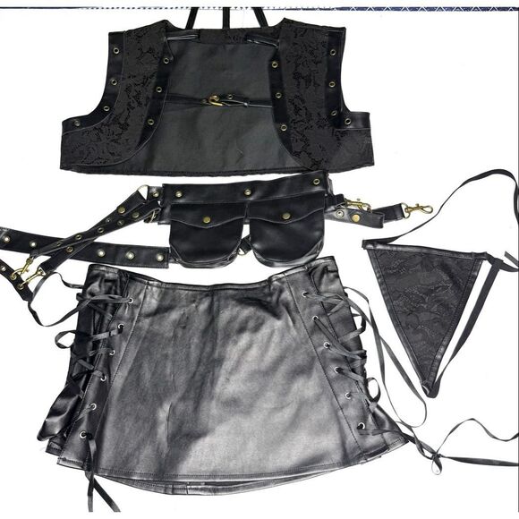 Gothic Punk Other - Black Faux Leather Lace Festival Costume Set Corset Skirt Utility Belt Size M